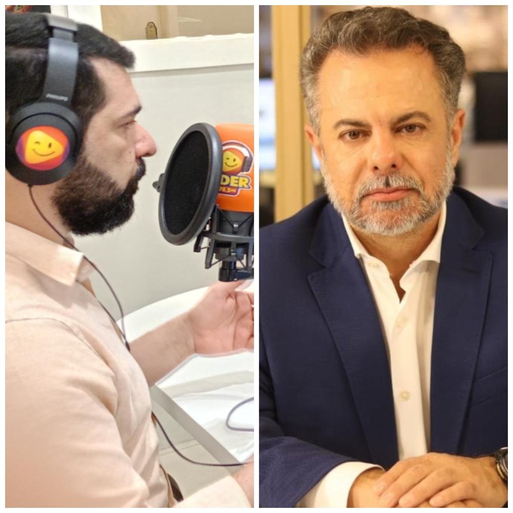 Montagem em duas partes: à esquerda, o jornalista Ismael Alves fala ao microfone da Rádio Líder FM; à direita, retrato do presidenciável Wilson Grassi.