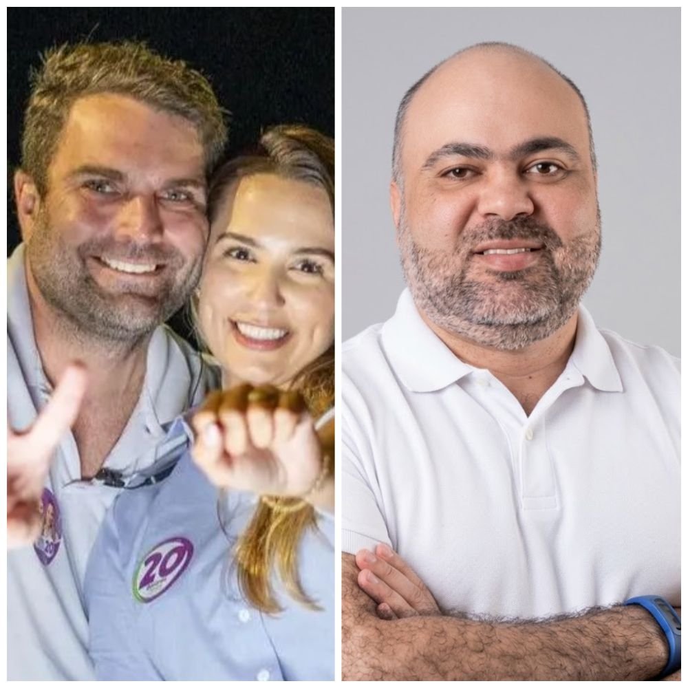 Montagem fotográfica mostrando o deputado Gustavo Gouveia ao lado da prefeita Eduarda Gouveia sorrindo e, à direita, o empresário e candidato Pê Guerra de braços cruzados.