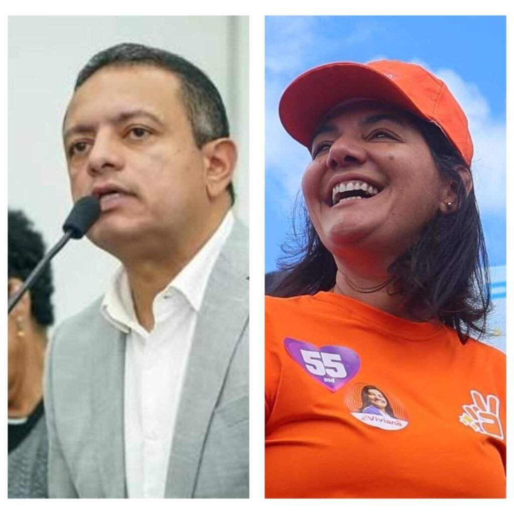 Montagem fotográfica dividida ao meio. À esquerda, o político Léo do Ar em um microfone com expressão séria. À direita, a política Viviane Facundes sorrindo com boné e camisa laranja de campanha.
