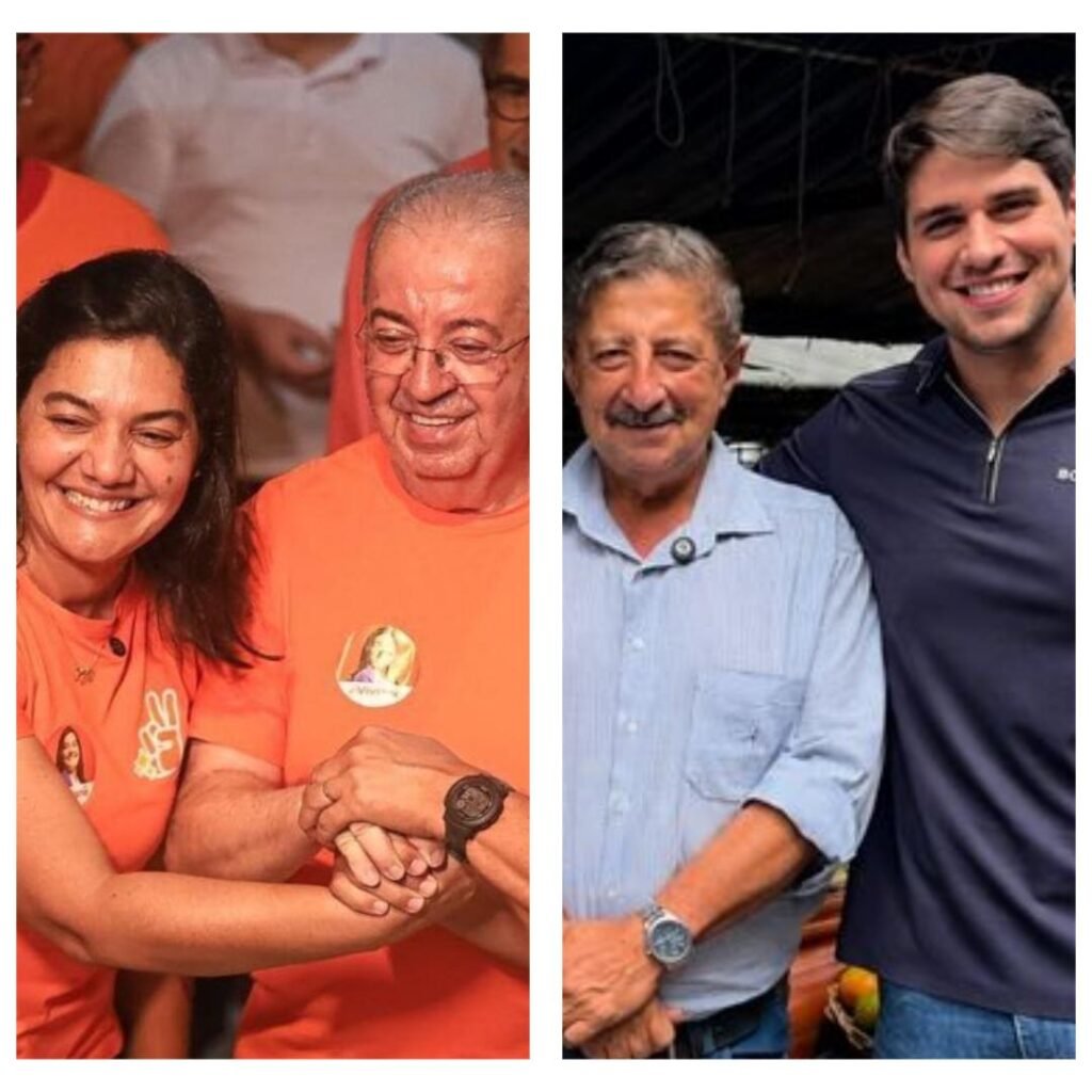 Viviane Facundes com Padre Joselito Gomes à esquerda, e ex-prefeito Joaquim Neto com o deputado estadual Bruno Marques à direita.