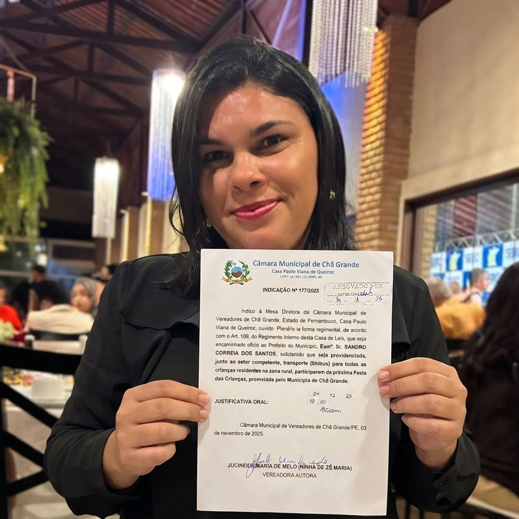 A vereadora de Chã Grande, Ninha de Zé Maria, segura um documento oficial (Indicação nº 177/2025) da Câmara Municipal, sorrindo levemente em um ambiente interno com iluminação quente e fundo desfocado.