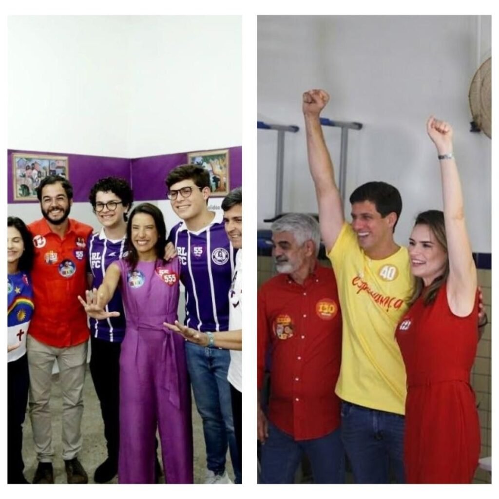Composição em duas fotos mostrando os candidatos ao governo de Pernambuco no dia da eleição. À esquerda, Raquel Lyra (vestido roxo) sorri e gesticula ao lado de apoiadores em Caruaru. À direita, João Campos (camisa amarela) e apoiadores comemoram com o braço levantado no Recife.