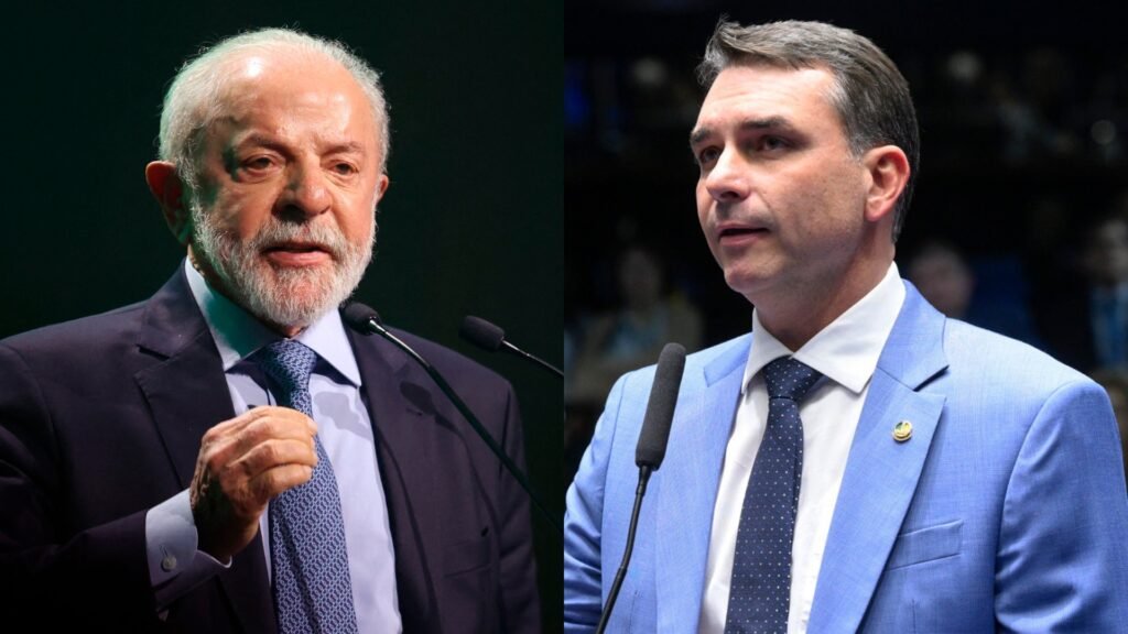 Lula e Flávio Bolsonaro aparecem lado a lado em montagem fotográfica sobre pesquisa Ipespe/Abrapel para o segundo turno da eleição presidencial de 2026.