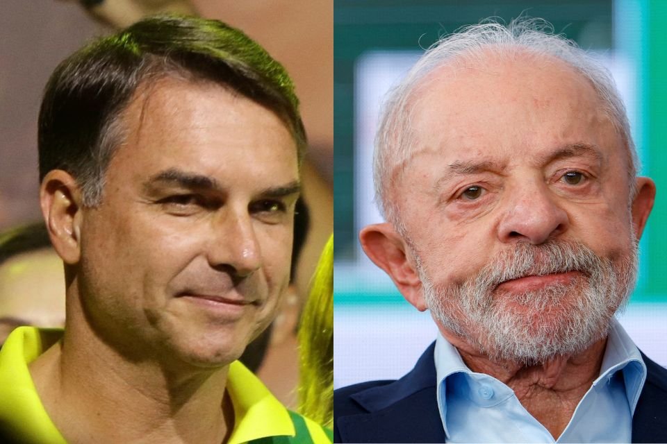 Flávio Bolsonaro e Lula em montagem fotográfica sobre a pesquisa Quaest para o segundo turno das eleições presidenciais de 2026.