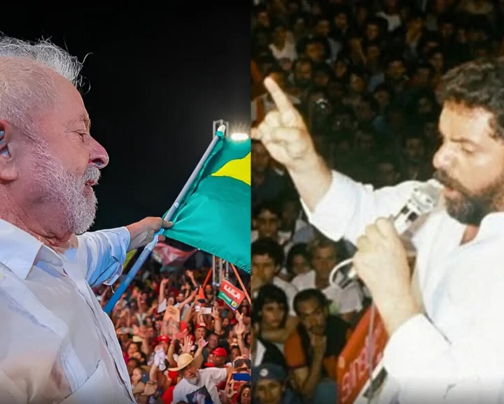 otomontagem dividida ao meio comparando duas fases da trajetória política de Lula: à esquerda, ele segura a bandeira do Brasil em comício recente; à direita, em imagem de arquivo dos anos 1980, discursa jovem segurando um microfone e apontando o dedo diante de uma multidão.