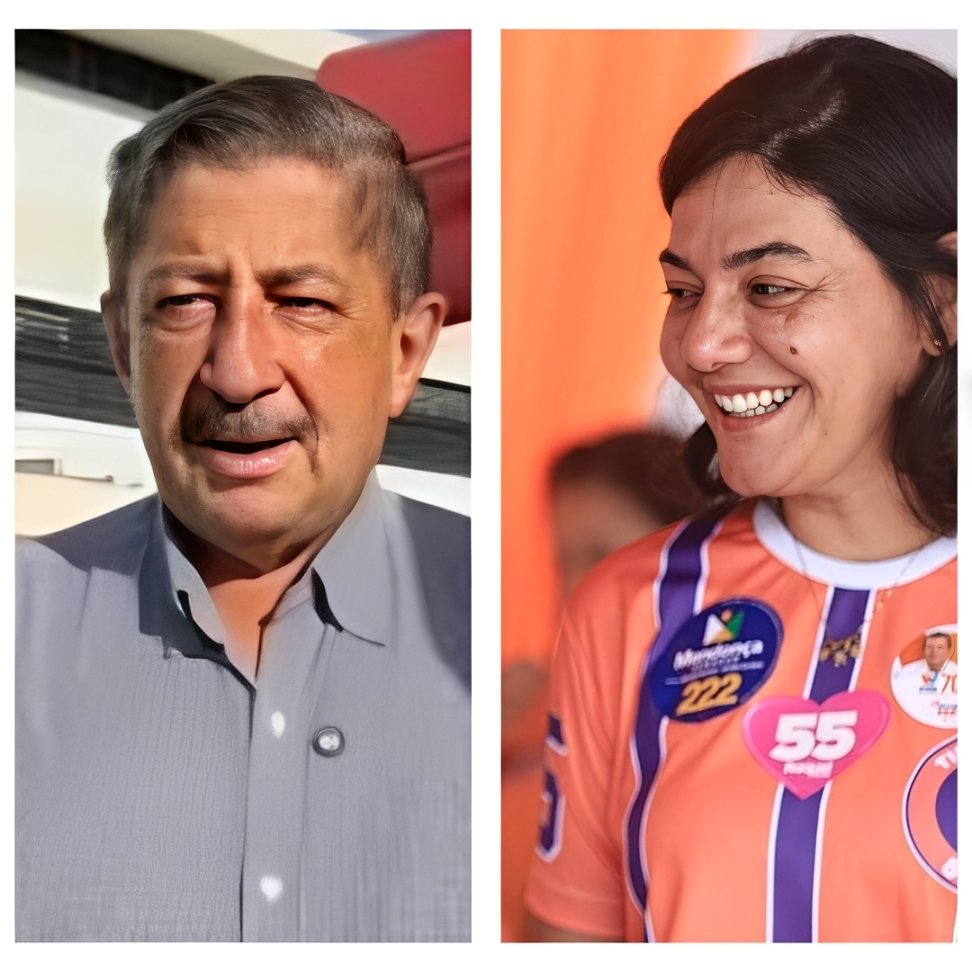 Foto dividida ao lado esquerdo com o ex-prefeito Joaquim Neto de camisa cinza e, ao lado direito, a candidata a deputada estadual Viviane Facundes sorrindo com camisa de campanha eleitoral.