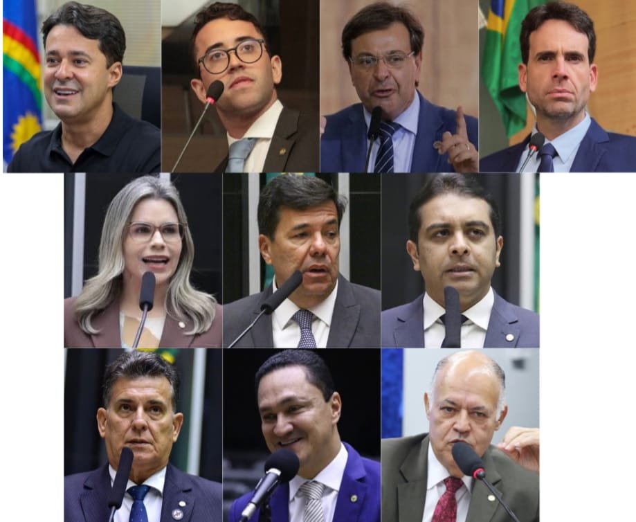 Mosaico com fotos de dez políticos de Pernambuco, incluindo parlamentares da bancada da direita e da oposição na Câmara Federal, destacando nomes como Clarissa Tércio, Gilson Machado Neto, Anderson Ferreira e Eduardo Moura do partido NOVO.